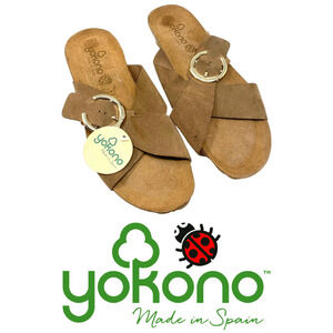 NEW Yokono Sz 9.5 Brown Suede Crossover Big Buckle Slide Sandals Mini Wedge NWOB